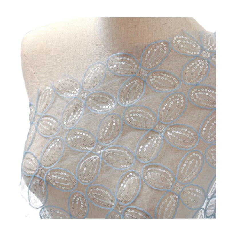 Hongli Technology's three-in-one three-dimensional jacquard Lolita lace mesh fabric for girls' lucky four-leaf clover hook-flower sequin fabric HLJC-0794 sequin embroidery supports rice sample cutting, immediate delivery and customization Item Picture