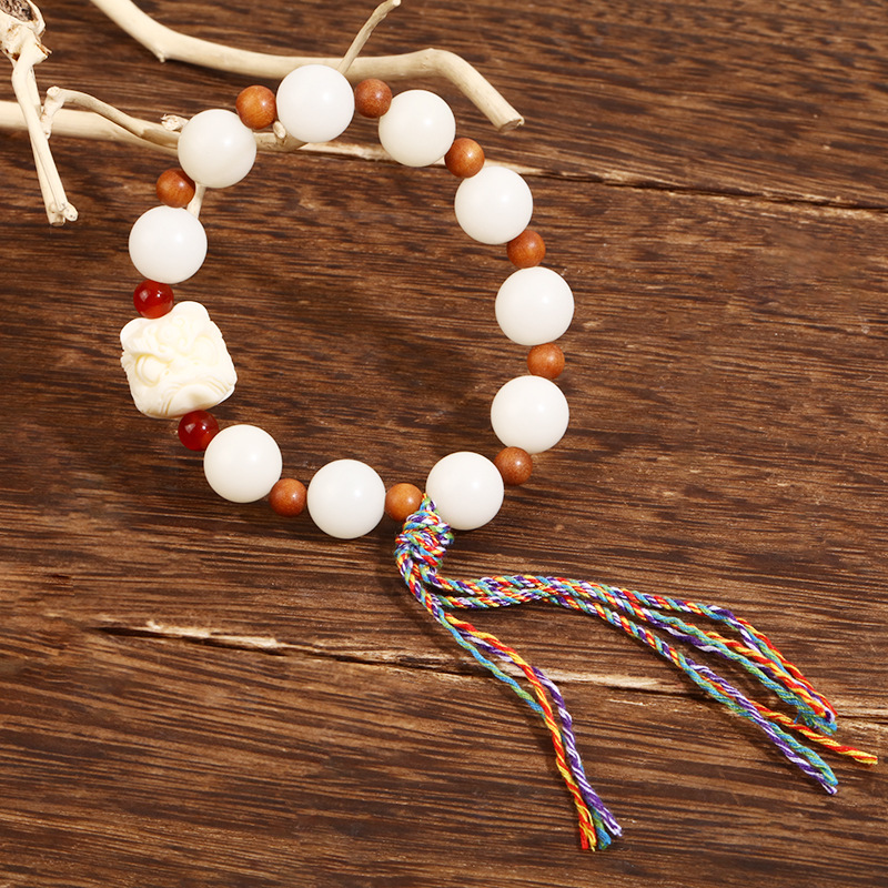 Chinese-style white jade Bodhi prayer beads bracelet, retro Gua Gua Lai CAI cultural play bracelet, national trend lion single-ring bracelet