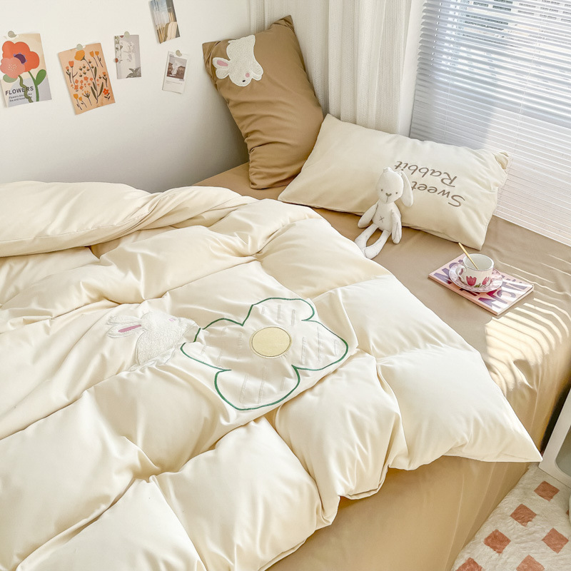 Korean-style fresh and ins style, skin-friendly, frosted and cute, patchwork embroidery craftsmanship, Rich Rabbit color-blocking four-piece bedding set