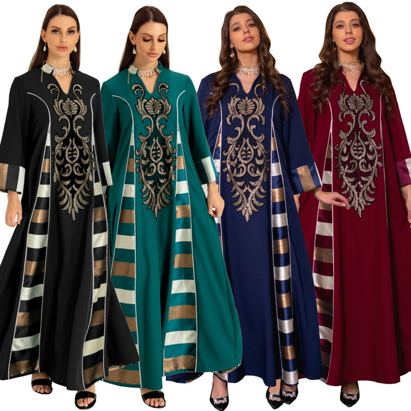 加色A052中东跨境女装珠片绣花拼接女装穆斯林阿拉伯muslim连衣裙详情图1
