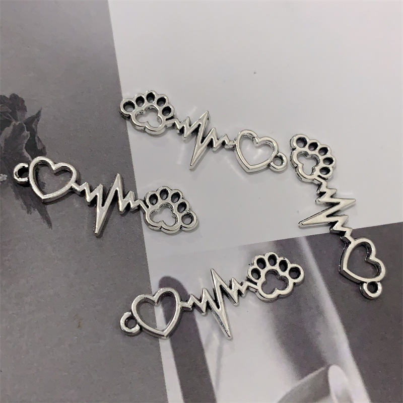 DIY zinc alloy jewelry accessories, double hanging heart-shaped dog paw electrocardiogram pendant, simple necklace, bracelet and pendant Specification image