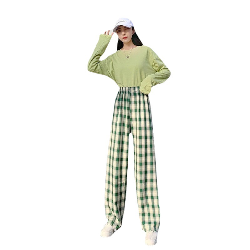 Wholesale of ice silk plaid pants, women's autumn drape straight-leg pants, cross-border loose pajama pants, thin high-waisted plaid wide-leg pants Item Picture