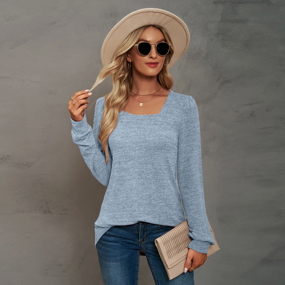 Autumn And Winter 2022 New Amazon Explosive T-Shirt Solid Color Square Collar Ruffled Long Sleeve Casual Women's Base Shirt details Picture