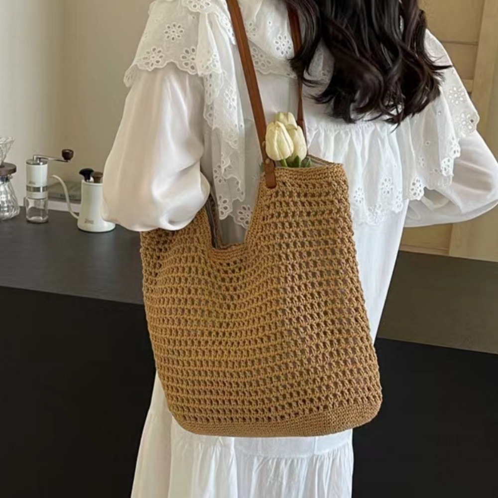 Ladies' handbags, plain woven straw bags, beach bags, hand-woven large-capacity cotton thread vegetable baskets, travel and vacation Specification drawing