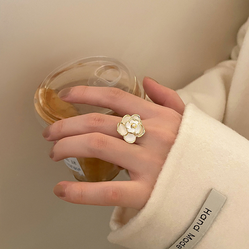 French camellia open ring for women, a retro, gentle and elegant index finger ring with a unique design and adjustable joint ring details Picture