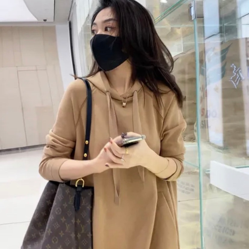 European high-end style hooded mid-length knee-length sweatshirt dress 2021 autumn loose casual dress for women details Picture