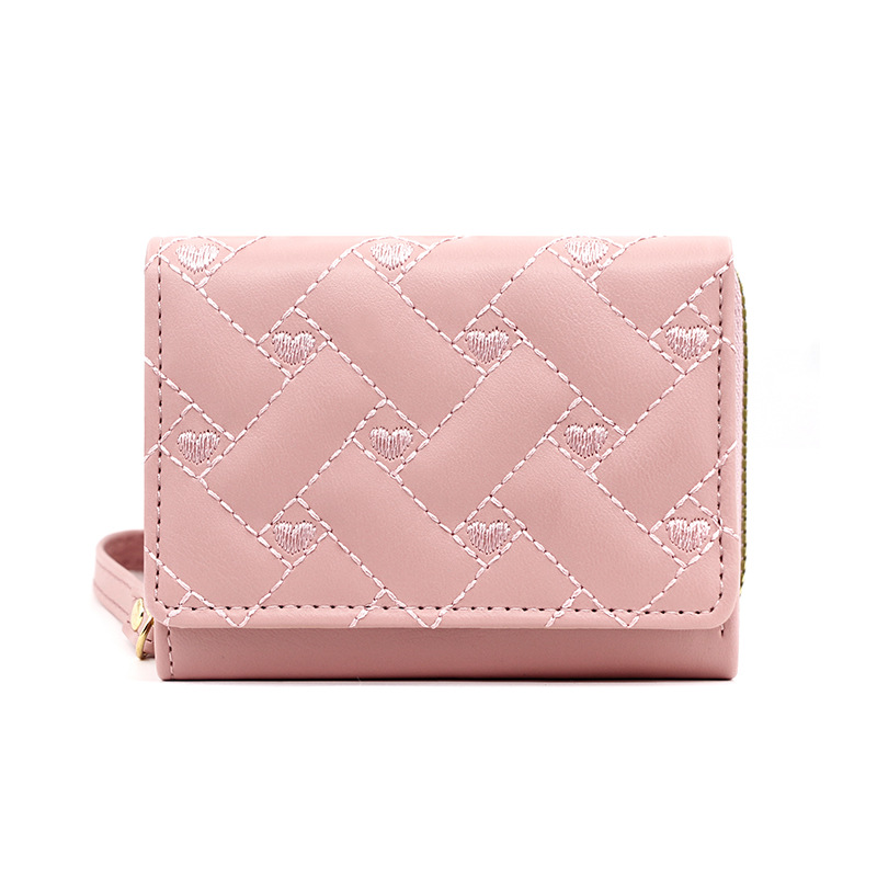 New Women's Short Purse Simple Embroidered Love Pu Three Fold Bag Card Bag Multi-Card Wallet Wallet Wholesale Item Picture