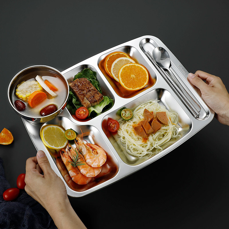 304 stainless steel fast food plates, divided into compartments, food-grade, school cafeteria plates, student meal plates, stainless steel plates details Picture