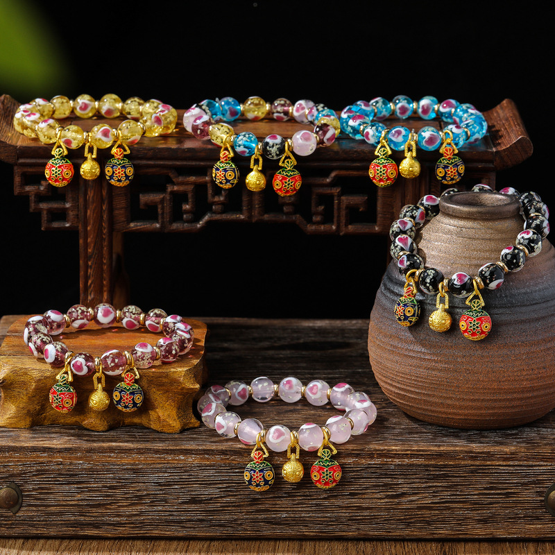 Hanyu Yuan Beijing Ancient Method Fluorescent Glass Devouching Beast Bracelet, Cherry Blossom Pink Luminous Incense Ash Pearl Female Heart Bracelet
