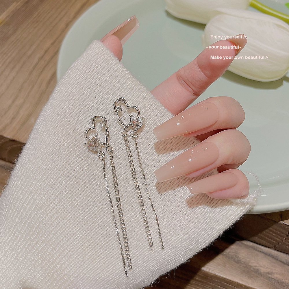 S925 Silver Needle Heart To Heart Zircon Tassel Earrings Women's Advanced Sense New Stud Earrings Network Red Love Minority Earrings Specification drawing