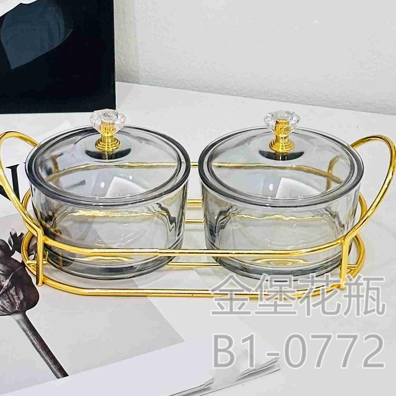 Light luxury fruit tray Home living room double cell end table glass fruit box nut candy tray storage box snack tray Gold Castle vase snack candy seasoning transparent box Gold Castle vase Application Scenario