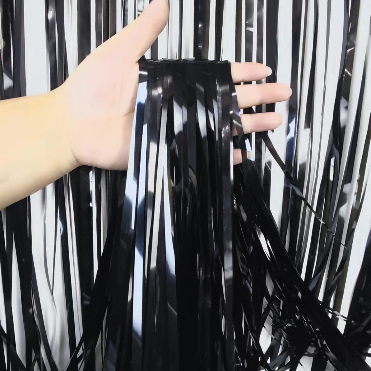 Cross-border festival stage decoration: black rain silk curtains, high-brightness tassel door curtains, birthday party wall decoration hanging curtains