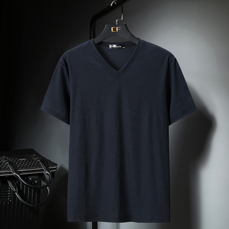 Cool summer, thin and trendy, overweight men add weight, oversized short-sleeved T-shirt, men's loose and plus-size men's V-neck half-sleeved shirt for young people details Picture