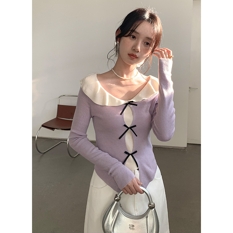 The "Yiershan" design sense faux two-piece baby collar bow knitted sweater is a short, gentle and slimming style for women. 0337 Specification image