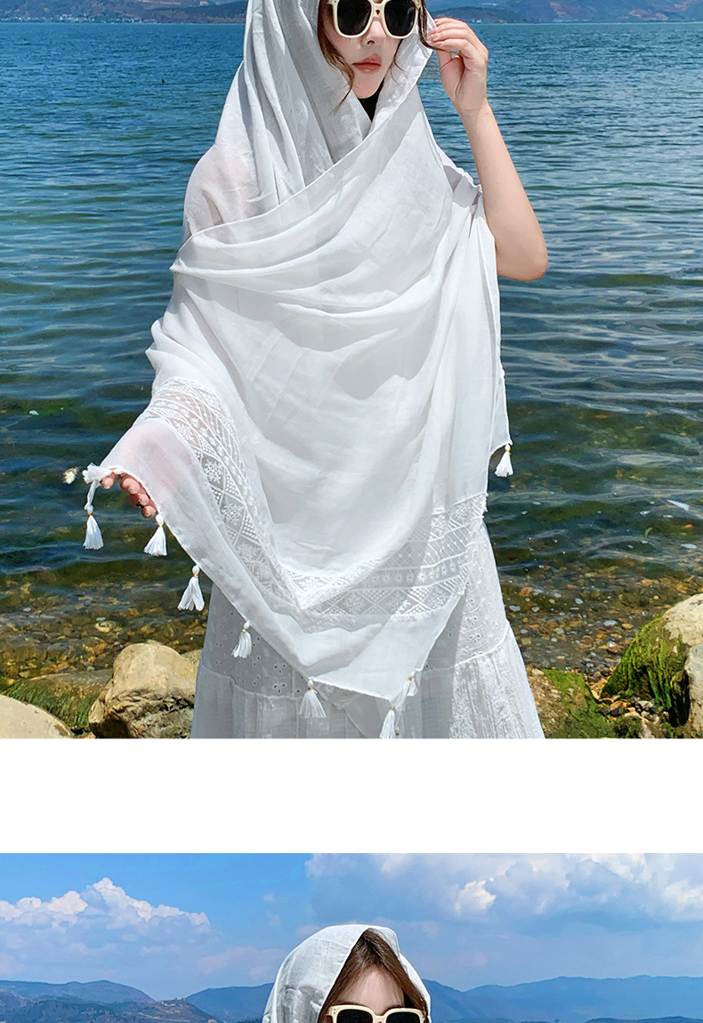 披肩女外搭2025新款白色碎花流苏丝巾搭配吊带旅游拍照必备围巾薄详情5