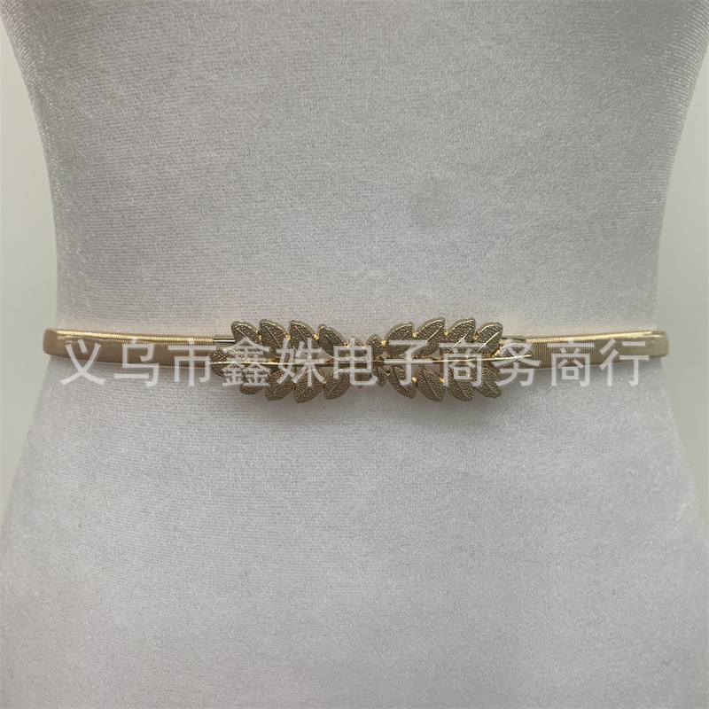 时尚女士松紧弹力腰链金属叶子扣细腰带装饰连衣裙紫百搭