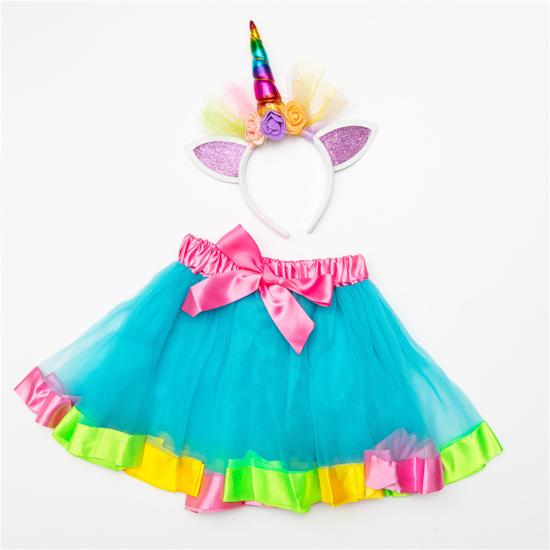 Gauze rainbow pommel dress Children's tutu Princess dress with headband set baby dress Specification drawing