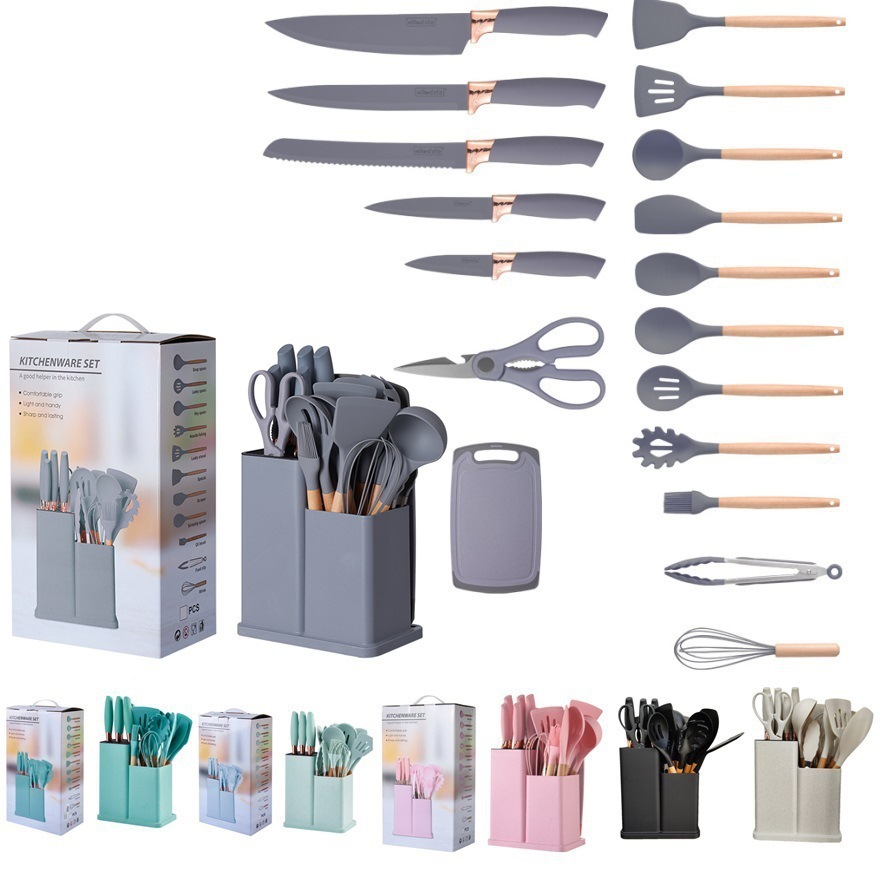 Wooden Handle Silicone Kitchen Utensils 19 Sets Chef Cooking Non-Stick Knives Cooking Spatula Spoon 12 Sets Cross-Border Supply Specification drawing