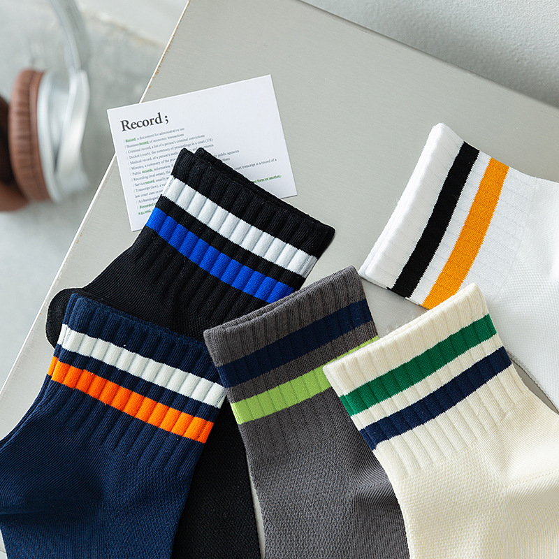 Men's socks Spring/Summer 2024 new short socks, two-bar striped casual socks, combed cotton sweat-absorbing and breathable sports socks details Picture