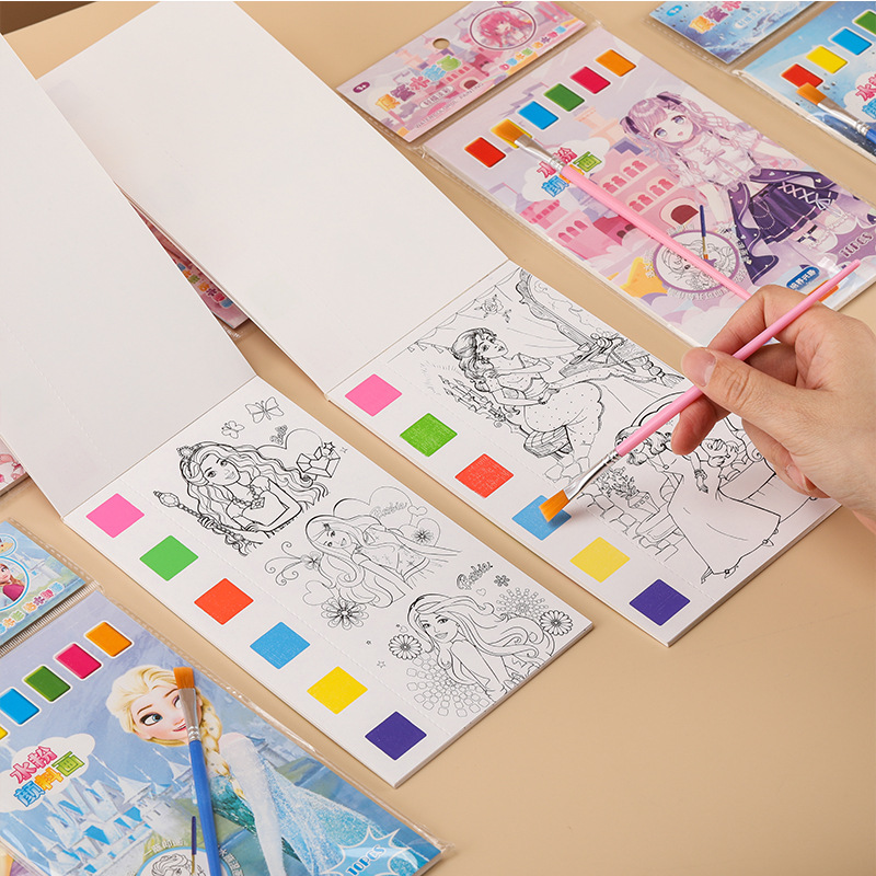 包邮便签涂色填色本批发自带颜料涂鸦画画本便携水彩颜料画