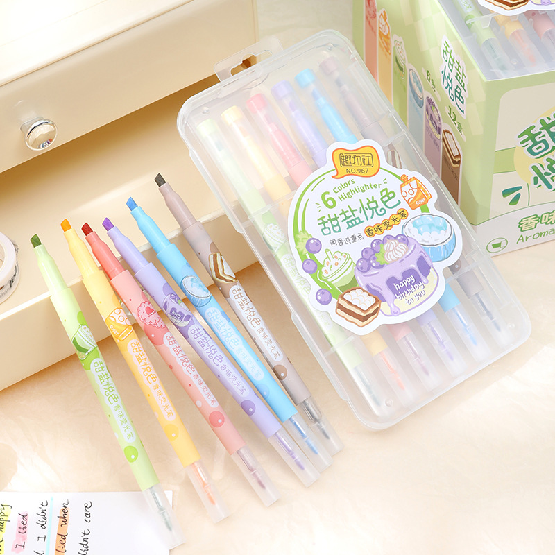 Fun Things Society double-headed scented highlighters, high appearance level, color key marking, student marking, eye-protecting color, large capacity wholesale highlighters, children's cartoon details Picture