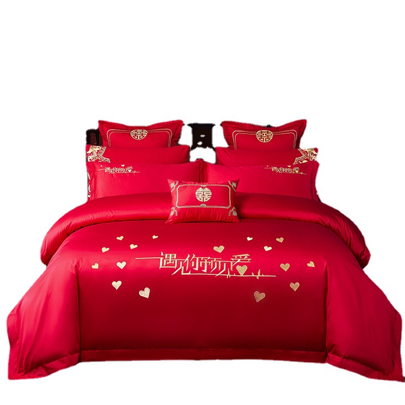 100支纯棉刺绣婚庆四件套大红色六件套结婚床上用品床单盖多件套详情图5