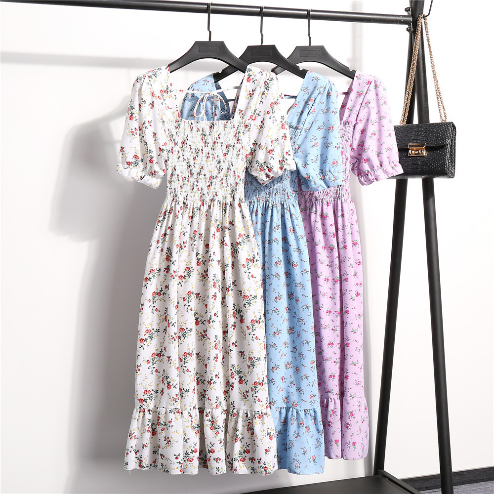 Sweet French square neck pleated waist slimming floral high-waisted dress for summer 2021 women's wear details Picture