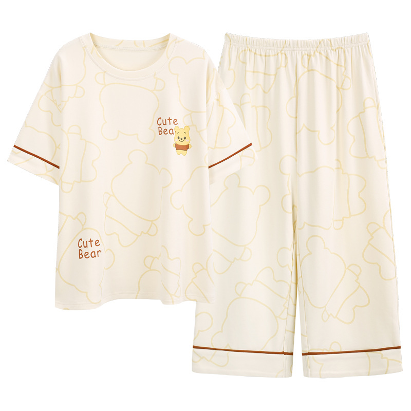 Pure cotton pajama women's summer set, fashionable large-sized, casual and cute knitted short-sleeved home wear wholesale, can be worn outside Item Picture