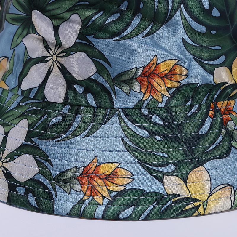 Printed Flower Imitation Silk Fisherman Hat Fashion Outdoor Outing Flat Top Wide Eaves Windbreak Basin Hat Fisherman Summer Hat Specification drawing