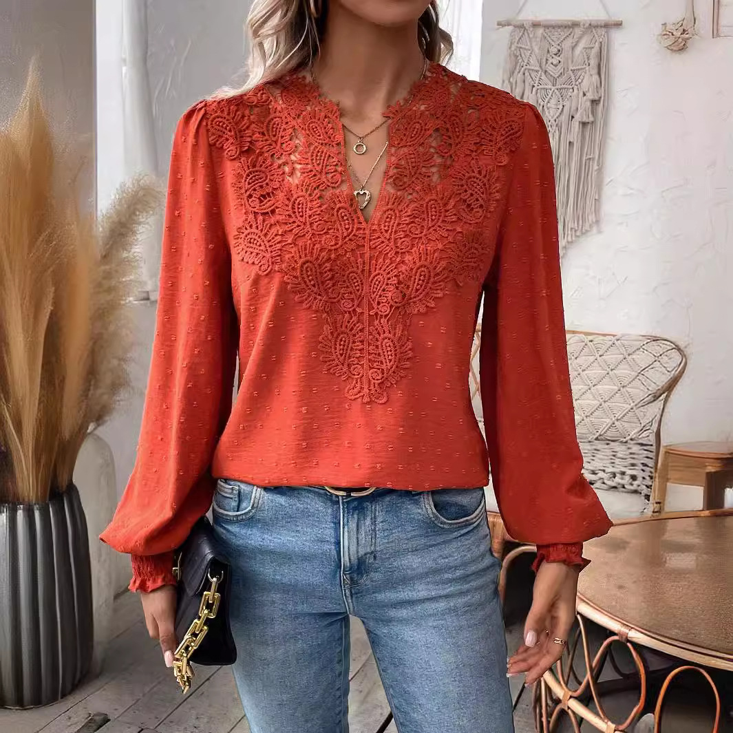 The new autumn and winter fashion V-neck lace solid color long-sleeved casual T-shirt for women on Amazon Cross-border in Europe and America in 2024 Specification image
