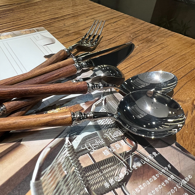 [The Boss Kept Beautiful] [Rare Yellow Pear Material] Wooden Handle 304 Stainless Steel Western Tableware Set Specification drawing