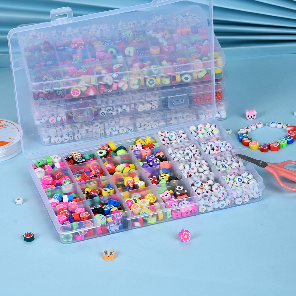 24 Boxes Fruit Animal Smiley Face Alphabet Bead Set Diy Polymer Clay Beads Acrylic Beads Handmade Bracelet Necklace Accessories Specification drawing