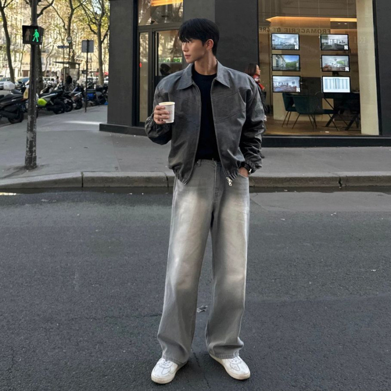 MYQ smoked ash washed straight-leg jeans for men, spring cleanfit long pants, Korean style trendy and cool floor-length pants Application Scenario