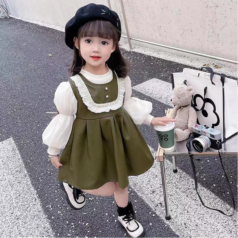 早秋韩版洋气时髦女童套装裙2024新款百搭舒适上衣背心连衣裙皮裙