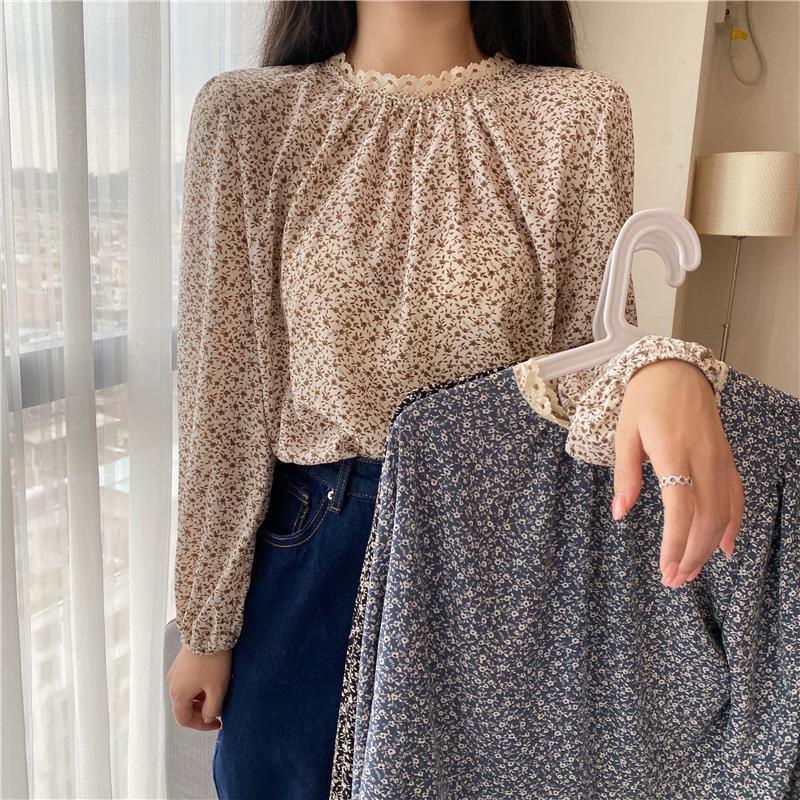 Nuevo 2022 manga larga verano top de mujer cuello redondo blusa floral de gasa para mujer sensación de diseño nicho versátil mujer blusa details Picture