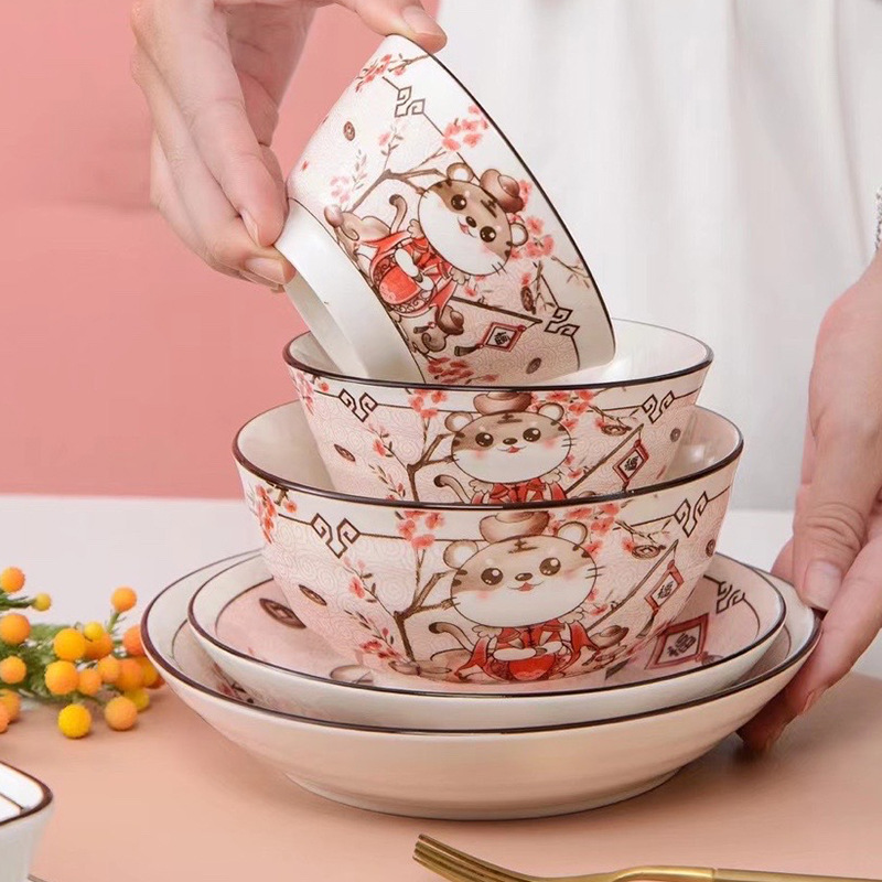 Tiger Year Bowl zodiac gift, Chinese-style bowl and plate gift, ceramic tableware, home Chinese-style Tiger Roar and power bowl and plate set Specification image