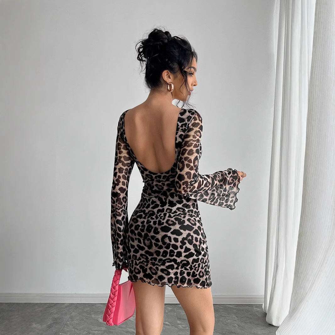 Amazon's new Spring/Summer 2025 women's sexy leopard print backless flared sleeve mesh dress from Europe and America details Picture