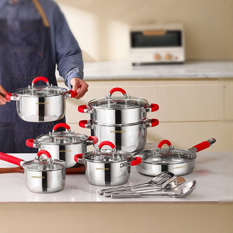 Chaozhou Hufa Cross-border Cookware Stainless Steel Pot Set 16-piece Set with Silicone Handle Complete Set for foreign trade details Picture