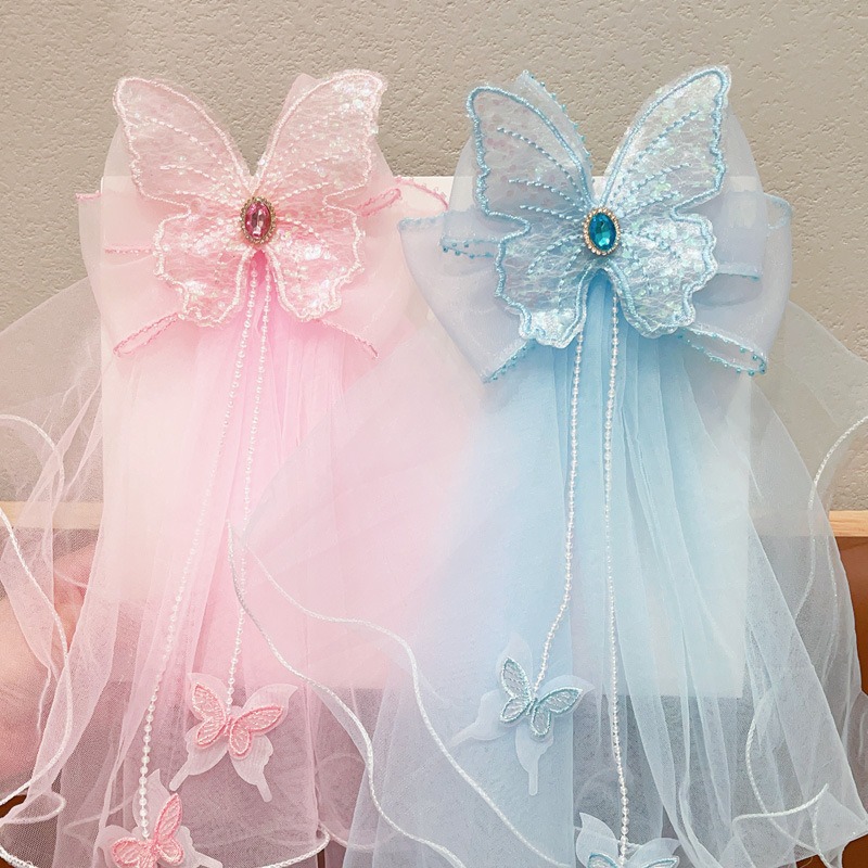 Children's Veil Bow Yarn Yarn Hairpin Girls Princess Dress Little Girls Super Fairy Back Of Head Streamer Hair Clip Hair Accessories Specification drawing