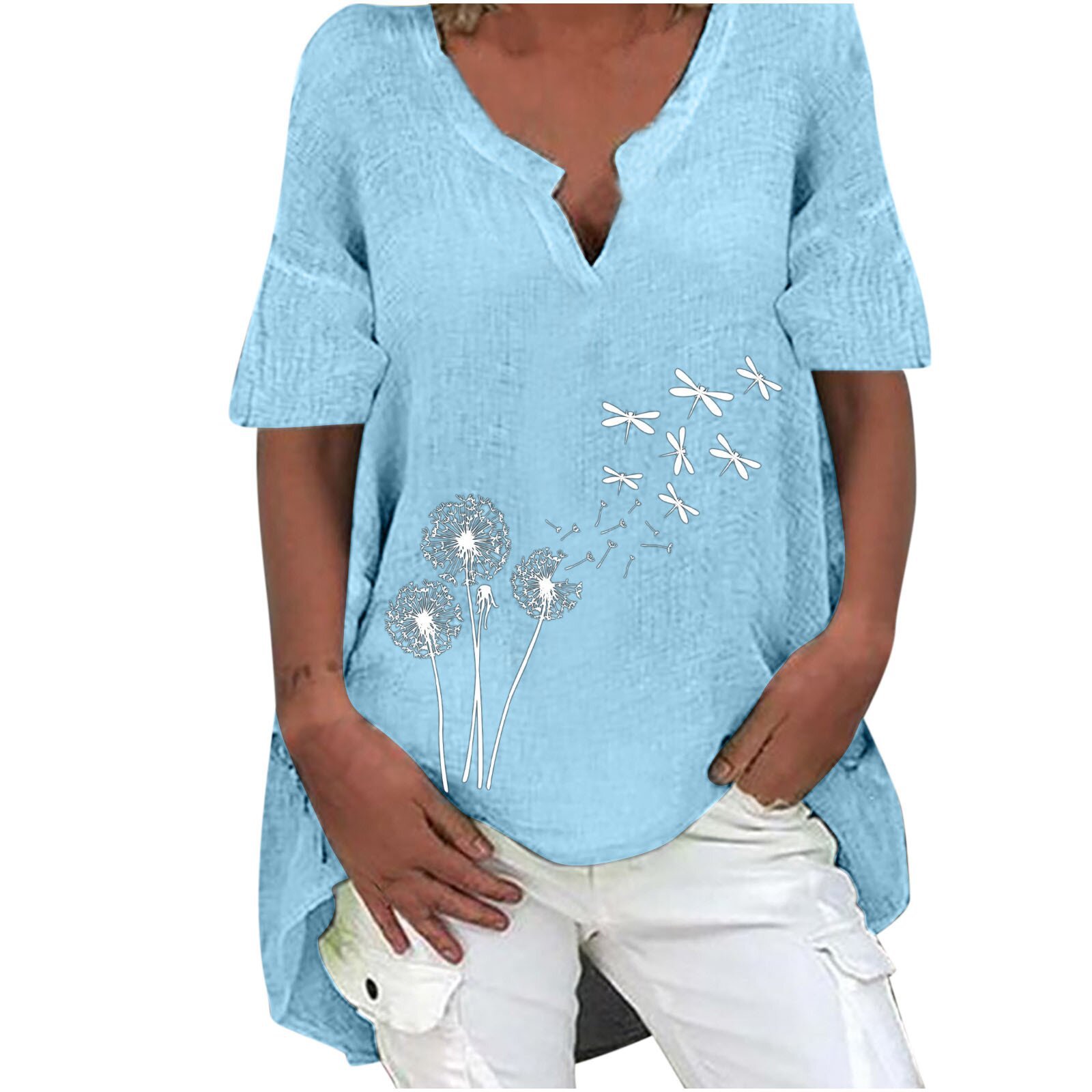 2022 Summer new Amazon women's short-sleeved printed cotton and linen shirt with irregular hem Application Scenario