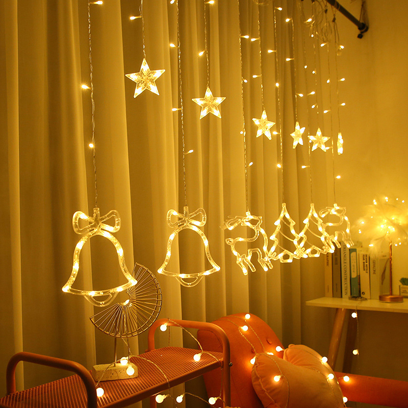 LED圣诞窗帘灯 卧室橱窗装饰铃铛麋鹿圣诞树遥控套装圣诞窗帘灯串