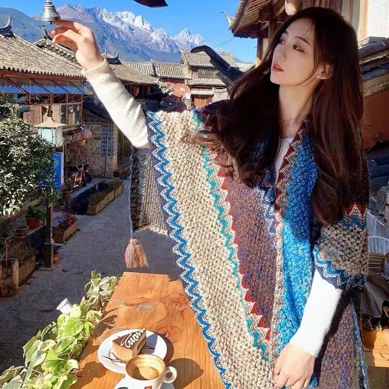 Yunnan tourism ethnic style shawl, thick and warm for autumn and winter. Qinghai desert Chaka Salt Lake cape cape scarf for women Specification drawing
