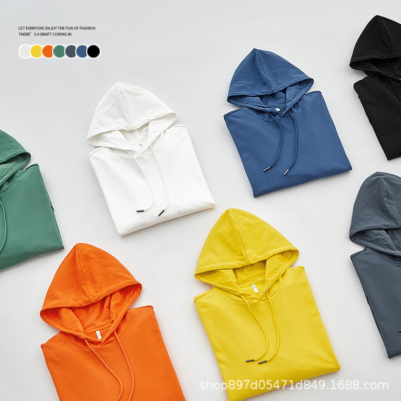 300g solid color heavyweight autumn and winter pure cotton men's hoodie with a cap, candy-colored loose round-neck hoodie, a thin trendy brand for men details Picture