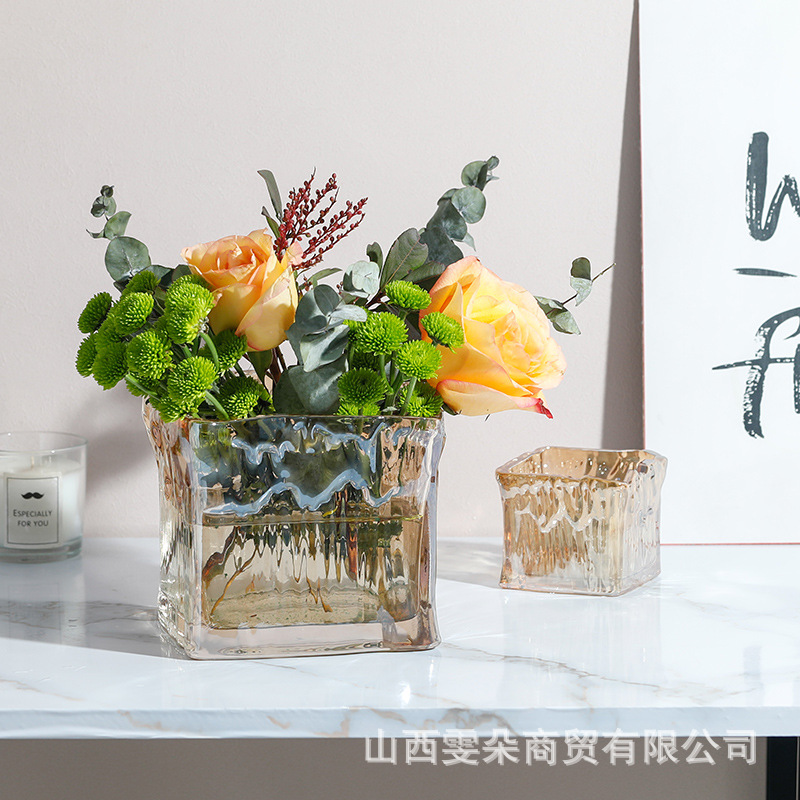 Wholesale glacier pattern square vases, modern and simple ins Spanish-style glass square vases, hydroponic ornaments Specification image