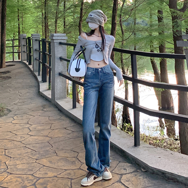 High-waisted jeans for women's autumn new style: High-waisted, slimming straight, high street style, and laid-back pants for hot girls details Picture