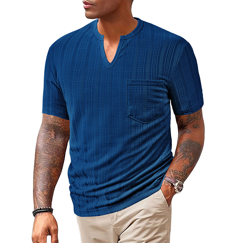 Cross-border men's clothing, a new summer fashion, sporty and casual all-polyester imitation linen small checkered men's V-neck short-sleeved T-shirt Item Picture
