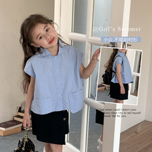 艾摩贝贝2024夏装女童韩版设计感个性不规则无袖短款翻领蓝色衬衫