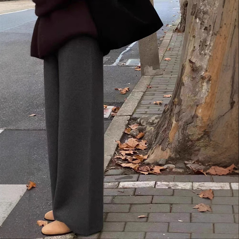 Soft and skin-friendly, fine 100 full wool knitted wide-leg pants for women, high waist, drape, casual straight floor-length pants that make you look slimmer Specification image