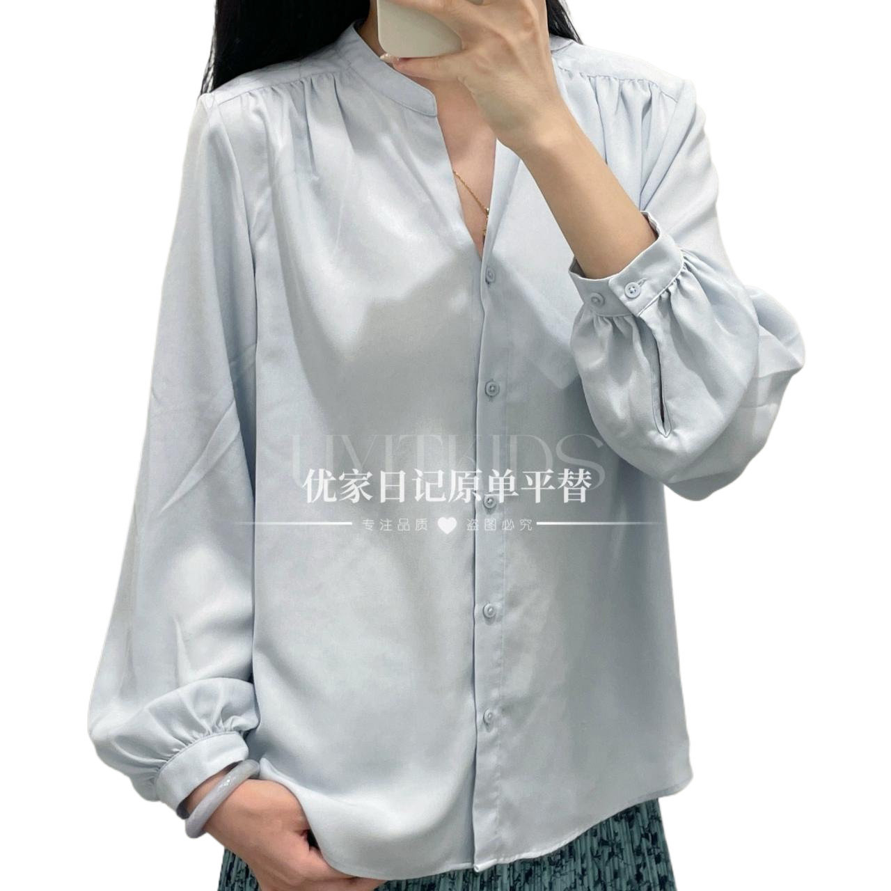 2024秋季新款女装半开领V领打褶衬衫薄款纯色百搭长袖空调衫469437白底实物图