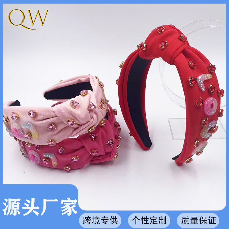 Exclusive Qiwei Accessories, Exclusive Qiwei Accessories, Exclusive Qiwei Accessories, new red pink rose red Valentine's Day diamond-encrusted love accessory, knotted wide edge, fashionable and sweet headband, hair band, hair accessory